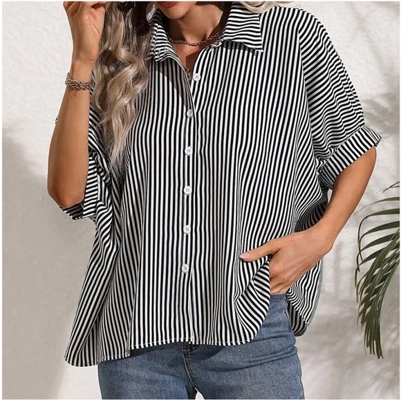011 Stripes Button Down Boyfriend oversized Shirt - Picture 9 of 10
